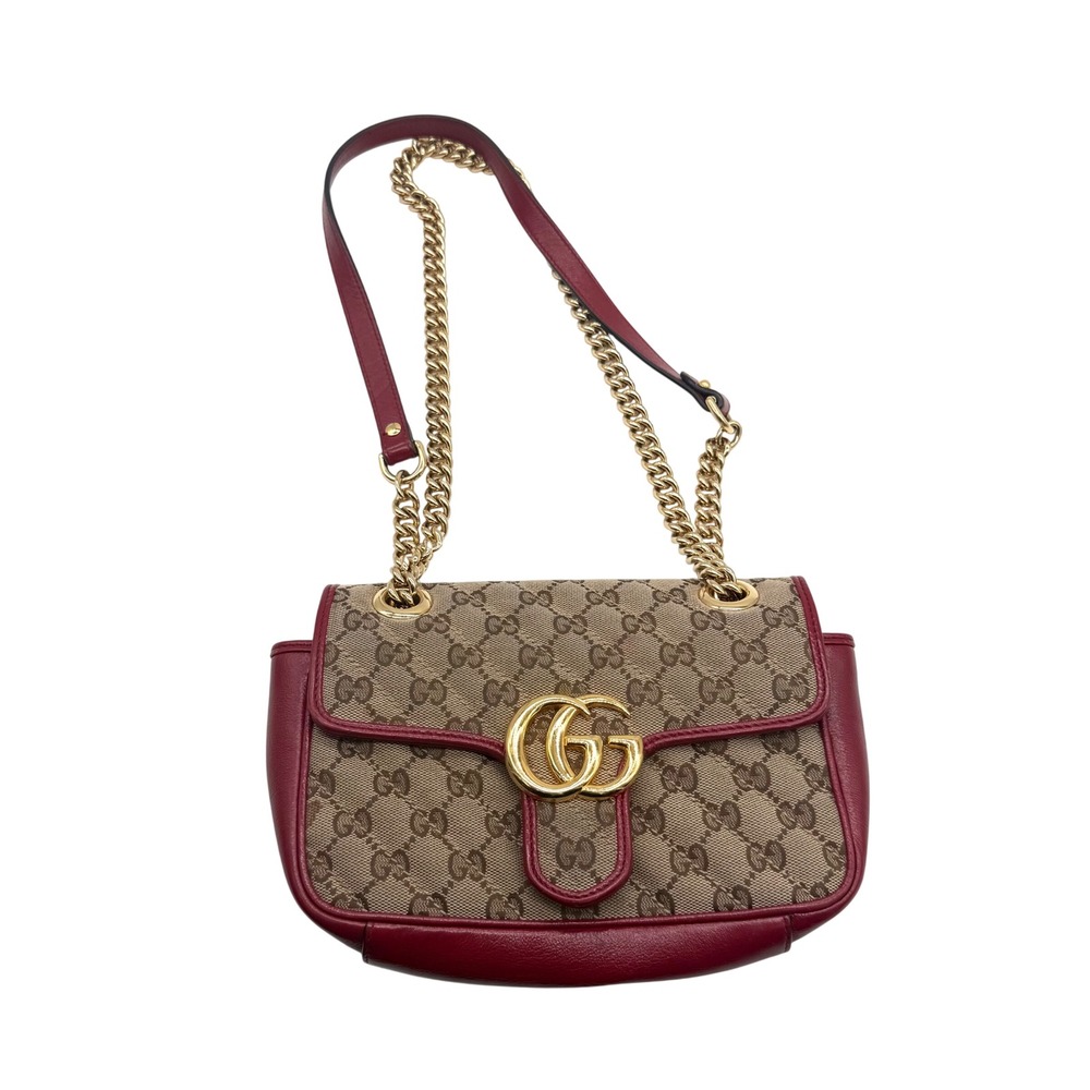 Gucci Marmont‎ Matelasse GG Canvas Leather Chain Shoulder Bag Burgundy Gold